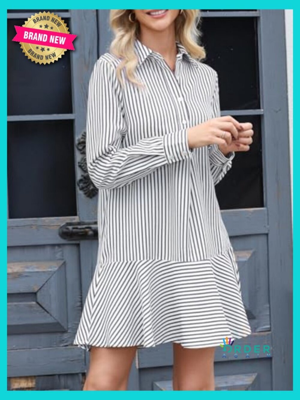 Striped Mini Dress Long Sleeve Collared Ruffle Hem Button Up Swing Tunic - Picture 3 of 7